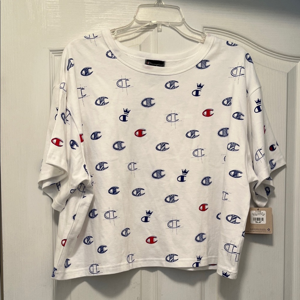 Champion White Tee with Multicolor Logo Pattern